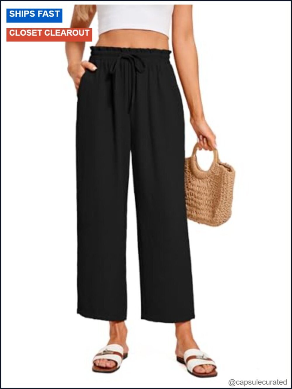 Cropped Palazzo Pants Wide Leg Flow Ankle Elastic Waist Beach Work Trousers